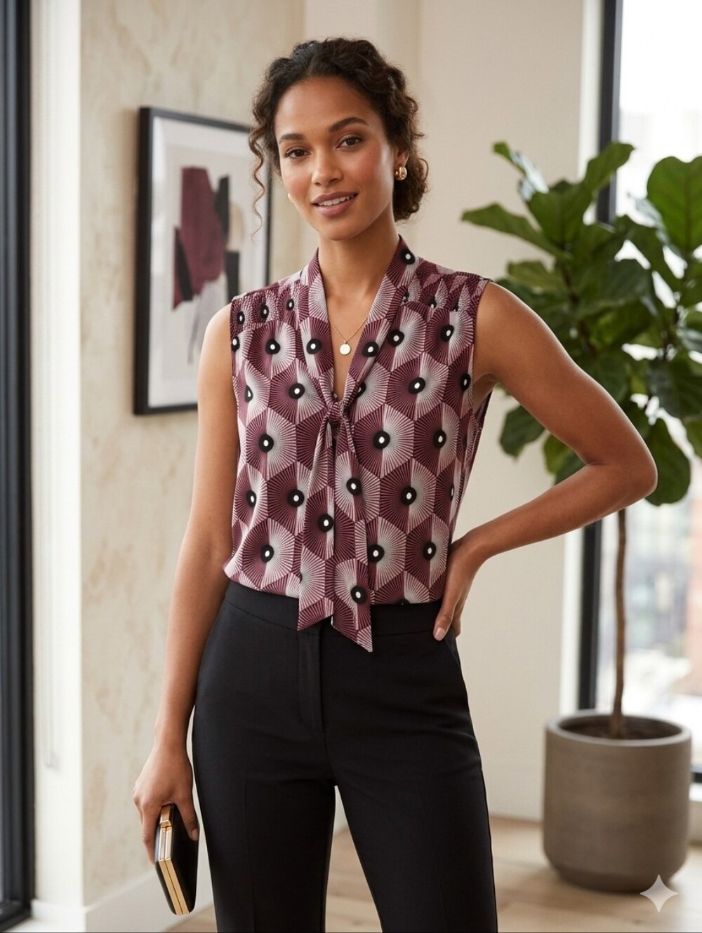 A Love Story Women's 1X Sleeveless Geometric Tie-Front Camisole in Mauve